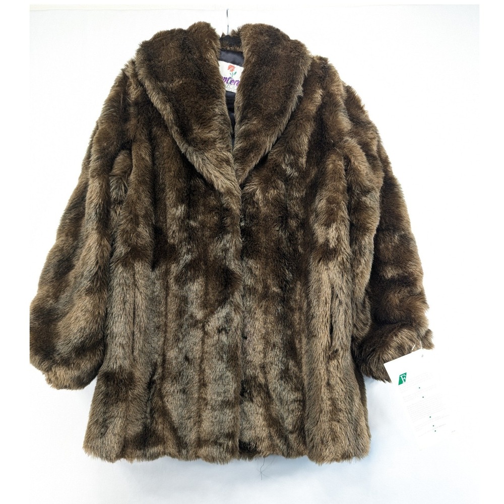 Monterey Fashions Vintage Brown Faux Fur Coat Shawl Collar Made in USA Size 10